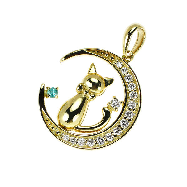 K18YG パライバトルマリン ダイヤモンド ペンダントトップ 0.01ct D0.09ct 月 猫