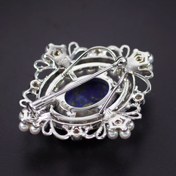 K18WG/ K14WG ラピスラズリ ベビーアコヤパール ダイヤモンド ブローチ兼 ペンダントトップ 6.91ct D0.12ct