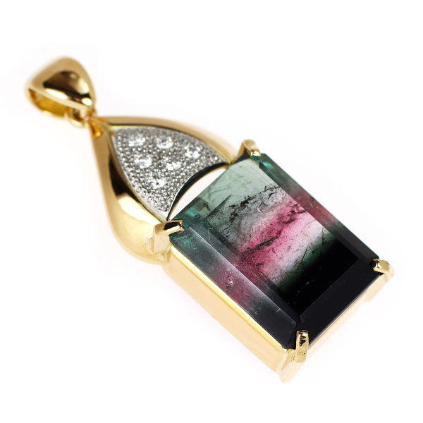 K18YG/ Pt900 パーティカラードトルマリン ダイヤモンド ペンダントトップ 13.38ct D0.11ct