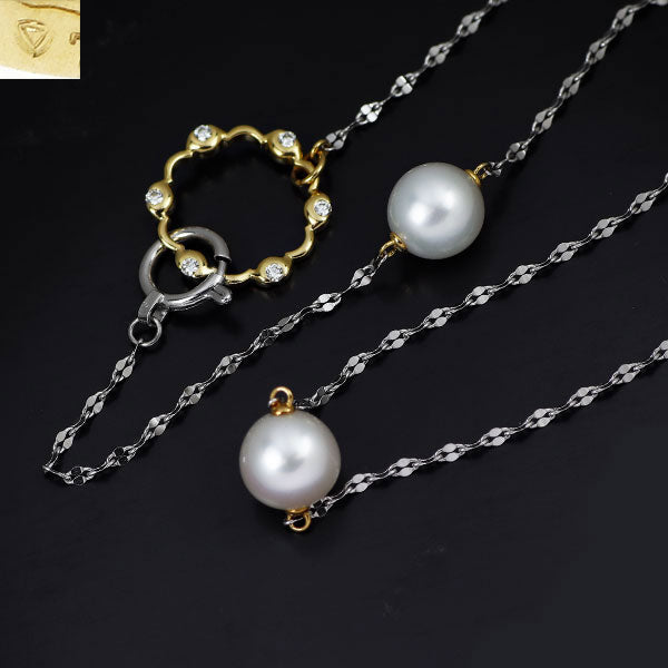 アンブローズ K18YG/WG 淡水 真珠 ダイヤモンド ネックレス 径約7.6-7.9mm