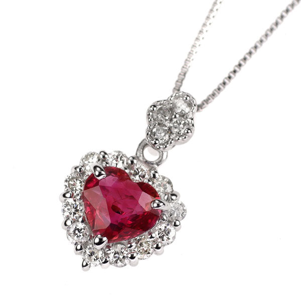 K18WG ハートシェイプ ルビー ダイヤモンド ペンダントネックレス 0.77ct D0.27ct