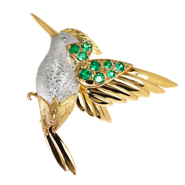 K18YG/ Pt900 エメラルド ダイヤモンド ブローチ 0.67ct D0.015ct 鳥