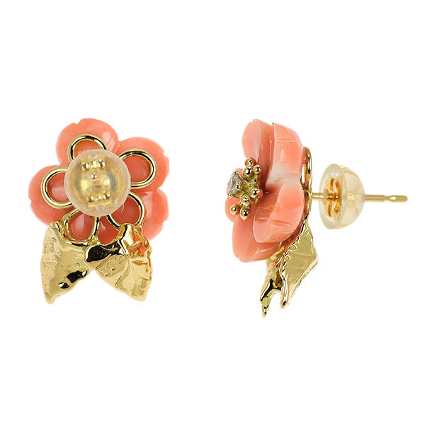K18YG 珊瑚 ダイヤモンド ピアス D0.04ct フラワー 桜