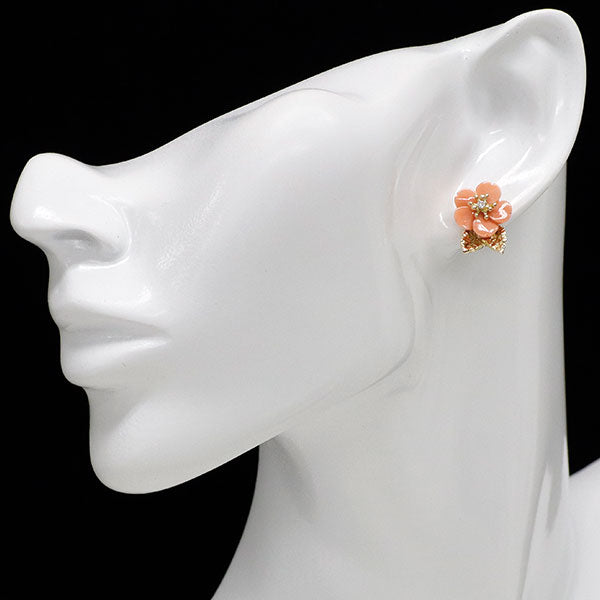 K18YG 珊瑚 ダイヤモンド ピアス D0.04ct フラワー 桜