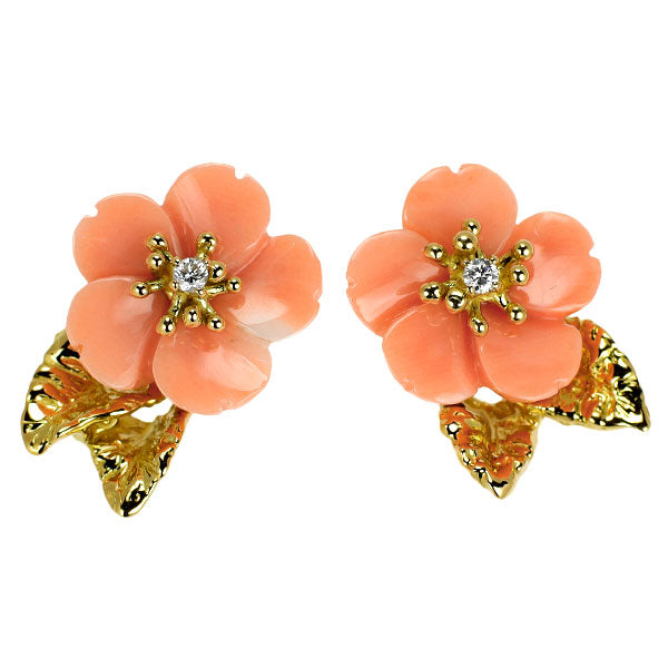 K18YG 珊瑚 ダイヤモンド ピアス D0.04ct フラワー 桜
