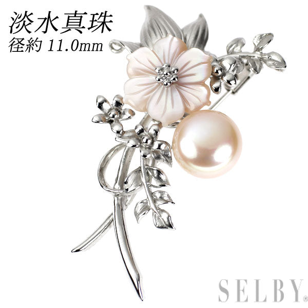 SV 淡水真珠 シェル ブローチ 径約11.0mm ヒレイケチョウガイ無核 フラワー