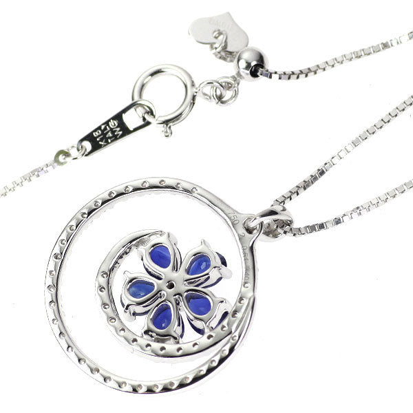 K18WG サファイア ダイヤモンド ペンダントネックレス 1.40ct D0.51ct フラワー