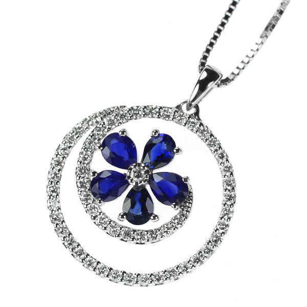 K18WG サファイア ダイヤモンド ペンダントネックレス 1.40ct D0.51ct フラワー