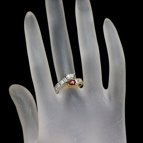 Pt900/ K18YG ペアシェイプ ルビー ダイヤモンド リング 0.35ct D1.43ct トワエモア