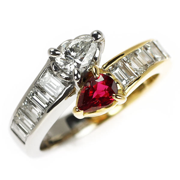 Pt900/ K18YG ペアシェイプ ルビー ダイヤモンド リング 0.35ct D1.43ct トワエモア
