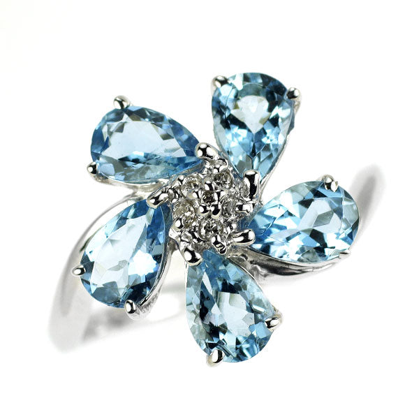 K18WG サンタマリアカラー アクアマリン ダイヤモンド リング 1.66ct D0.05ct