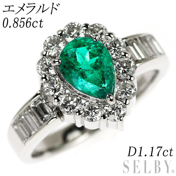 Pt900 ペアシェイプ エメラルド ダイヤモンド リング 0.856ct D1.17ct