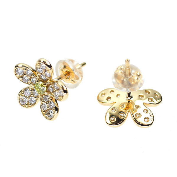 K18YG トリートイエロー/カラーレス ダイヤモンド ピアス 0.08ct D0.40ct フラワー