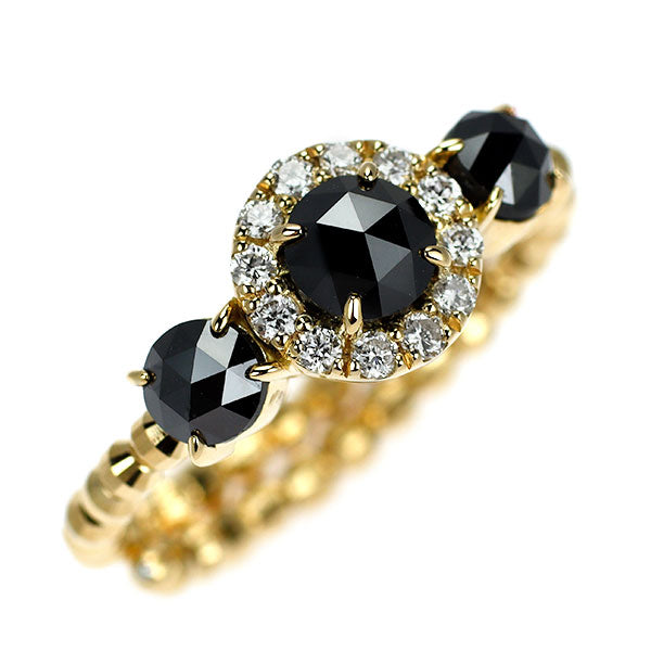K18YG ローズカットブラック/カラーレス ダイヤモンド リング 0.70ct D0.12ct 形状記憶 7号～