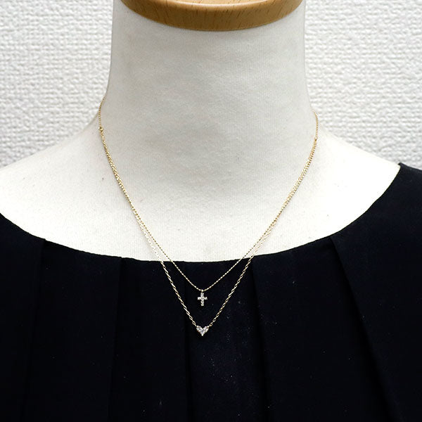 K10YG ダイヤモンド ペンダントネックレス 0.15ct D0.06ct  クロス ハート 2連