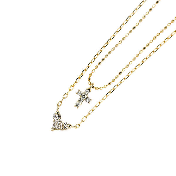 K10YG ダイヤモンド ペンダントネックレス 0.15ct D0.06ct  クロス ハート 2連