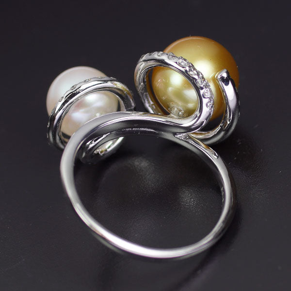 K18WG ゴールデン/アコヤ真珠 ダイヤモンド リング 径約 8.2-9.9mm D0.60ct