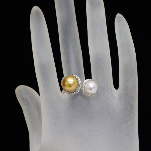 K18WG ゴールデン/アコヤ真珠 ダイヤモンド リング 径約 8.2-9.9mm D0.60ct