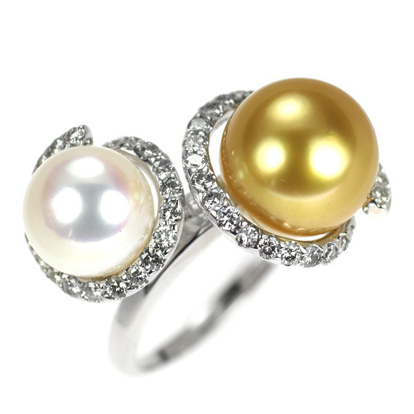K18WG ゴールデン/アコヤ真珠 ダイヤモンド リング 径約 8.2-9.9mm D0.60ct