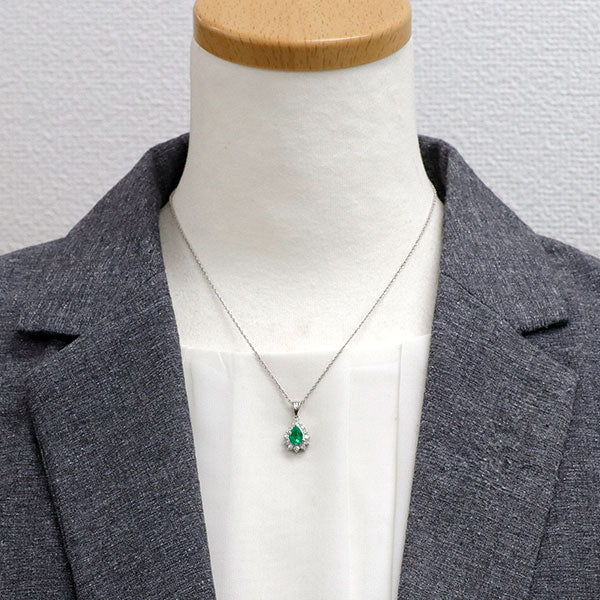 Pt900/ Pt850 ペアシェイプ エメラルド ダイヤモンド ペンダントネックレス 0.78ct D0.34ct