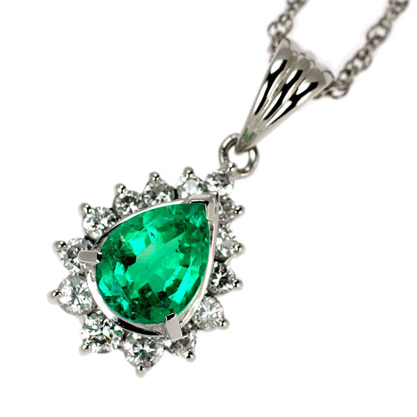 Pt900/ Pt850 ペアシェイプ エメラルド ダイヤモンド ペンダントネックレス 0.78ct D0.34ct