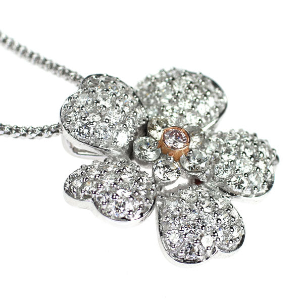 希少 K18WG 天然ピンク/カラーレス ダイヤモンド ペンダントネックレス 0.054ct FLP SI1 D2.23ct フラワー