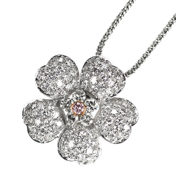 希少 K18WG 天然ピンク/カラーレス ダイヤモンド ペンダントネックレス 0.054ct FLP SI1 D2.23ct フラワー