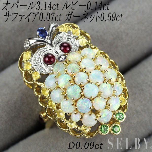 K18YG/WG オパール  ルビー サファイア ガーネット ダイヤ リング兼ペンダントトップ 3.14ct R0.14ct S0.07ct G0.59ct  D0.09ct ふくろう
