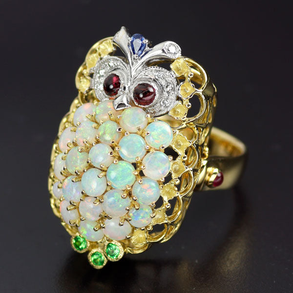 K18YG/WG オパール  ルビー サファイア ガーネット ダイヤ リング兼ペンダントトップ 3.14ct R0.14ct S0.07ct G0.59ct  D0.09ct ふくろう
