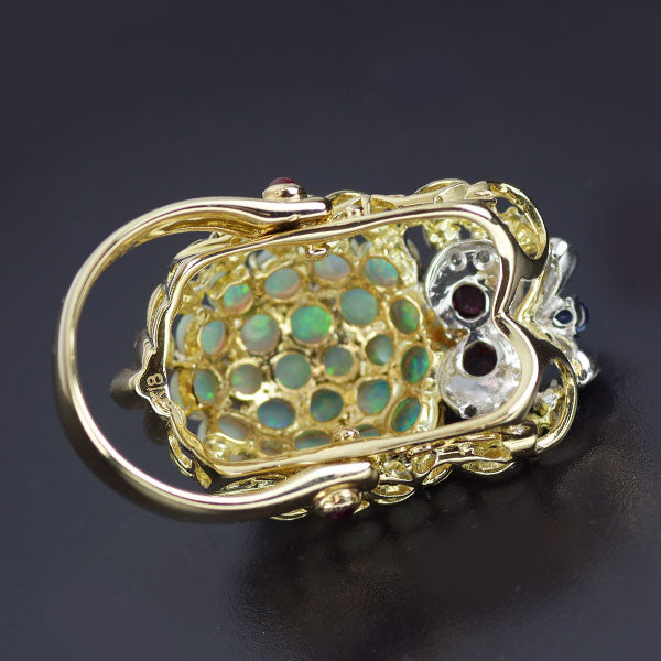 K18YG/WG オパール  ルビー サファイア ガーネット ダイヤ リング兼ペンダントトップ 3.14ct R0.14ct S0.07ct G0.59ct  D0.09ct ふくろう