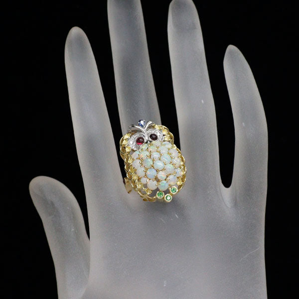 K18YG/WG オパール  ルビー サファイア ガーネット ダイヤ リング兼ペンダントトップ 3.14ct R0.14ct S0.07ct G0.59ct  D0.09ct ふくろう
