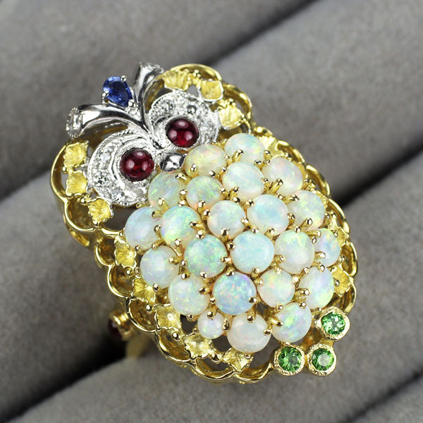 K18YG/WG オパール  ルビー サファイア ガーネット ダイヤ リング兼ペンダントトップ 3.14ct R0.14ct S0.07ct G0.59ct  D0.09ct ふくろう