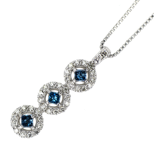 Pt900/ Pt850 トリートブルー /カラーレス ダイヤモンド  ペンダントネックレス 0.11ct D0.14ct スリーストーン