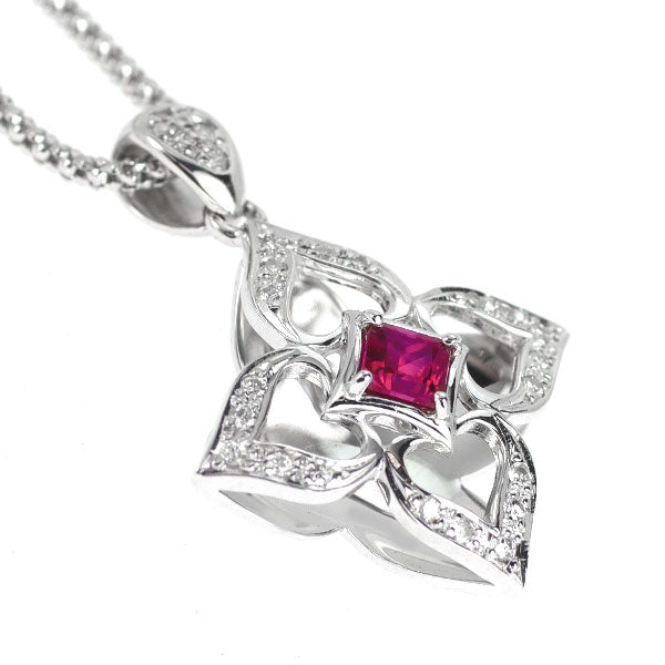 K18WG ルビー ダイヤモンド ペンダントネックレス 0.34ct D0.12ct フラワー