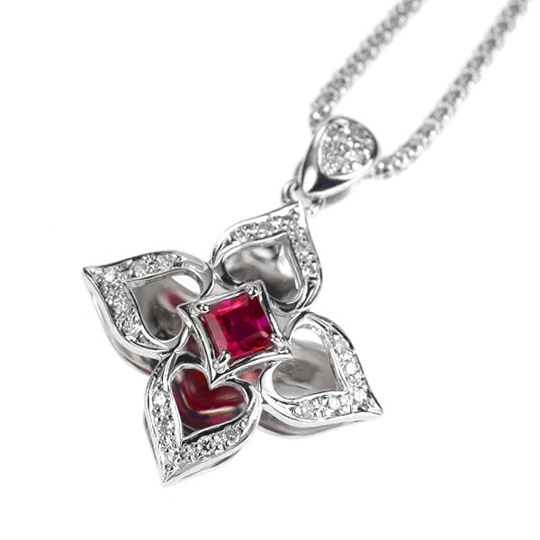 K18WG ルビー ダイヤモンド ペンダントネックレス 0.34ct D0.12ct フラワー
