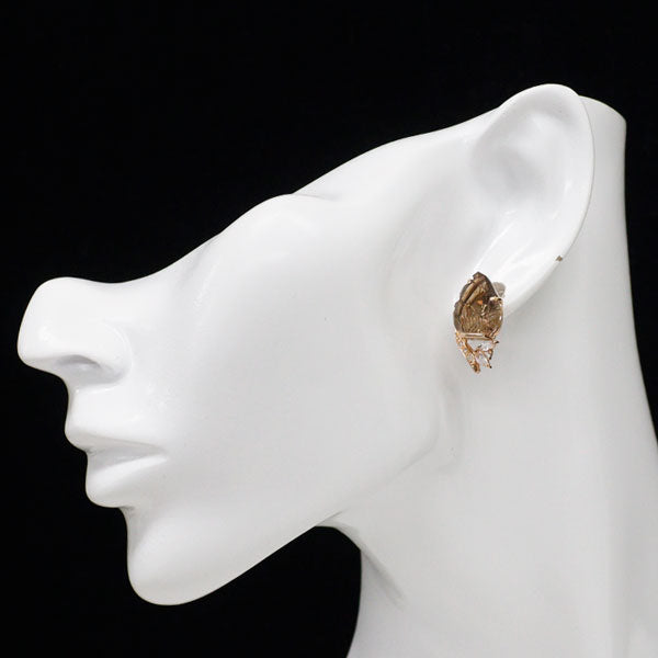 K18PG スモーキークオーツ ムーンストーン ダイヤモンド ピアス 12.0ct M0.30ct D0.06ct 葉 植物