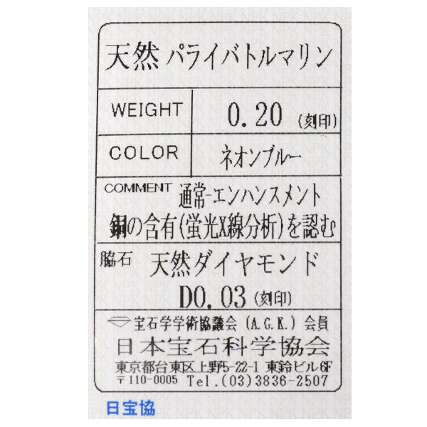 K18WG パライバトルマリン ダイヤモンド ペンダントトップ 0.20ct D0