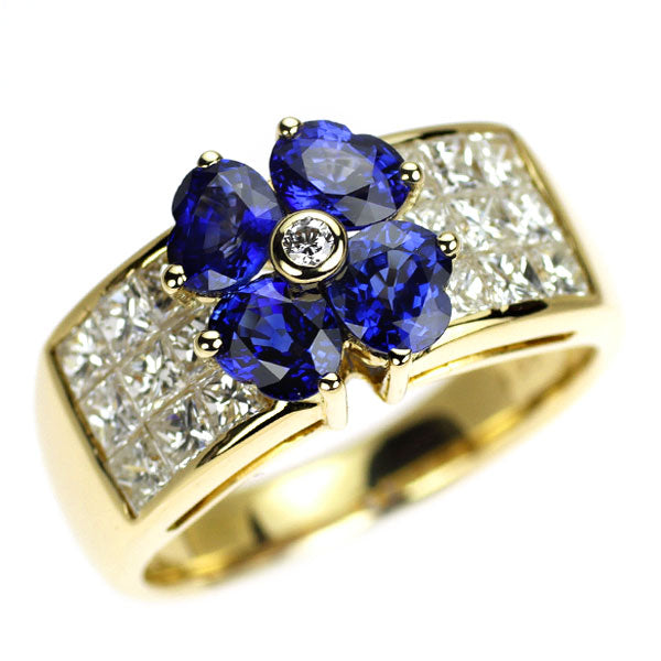 K18YG サファイア ダイヤモンド リング 2.09ct D1.38ct クローバー ミステリーセッティング