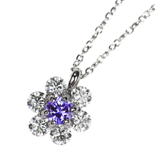 Pt900/ Pt850 タンザナイト ダイヤモンド ペンダントネックレス 0.20ct D0.52ct フラワー
