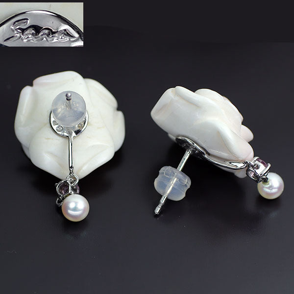荒居砂羅 K18WG カービング コンクシェル ベビーアコヤ真珠 ピンクサファイア ピアス 径約 4.2mm PS0.25ct