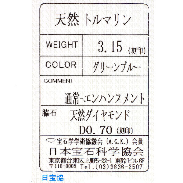 Pt900 グリーンブルートルマリン ダイヤモンド リング 3.15ct D0.70ct