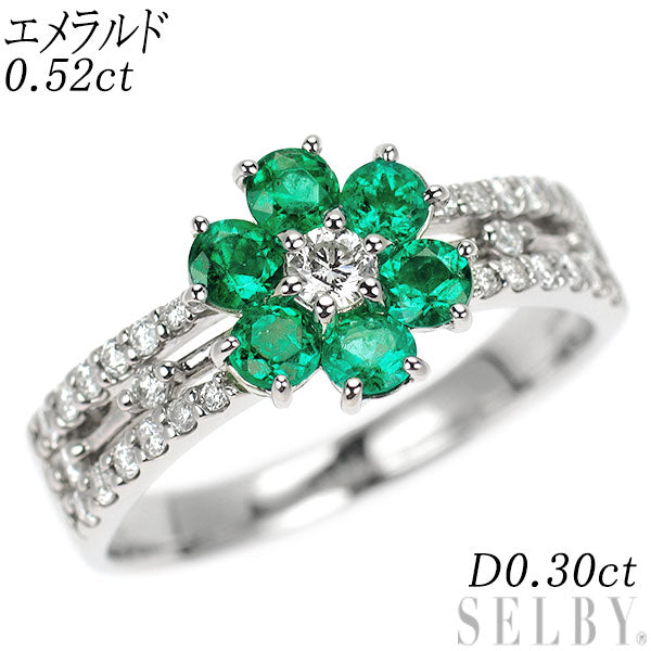 Pt900 エメラルド ダイヤモンド リング 0.52ct D0.30ct フラワー