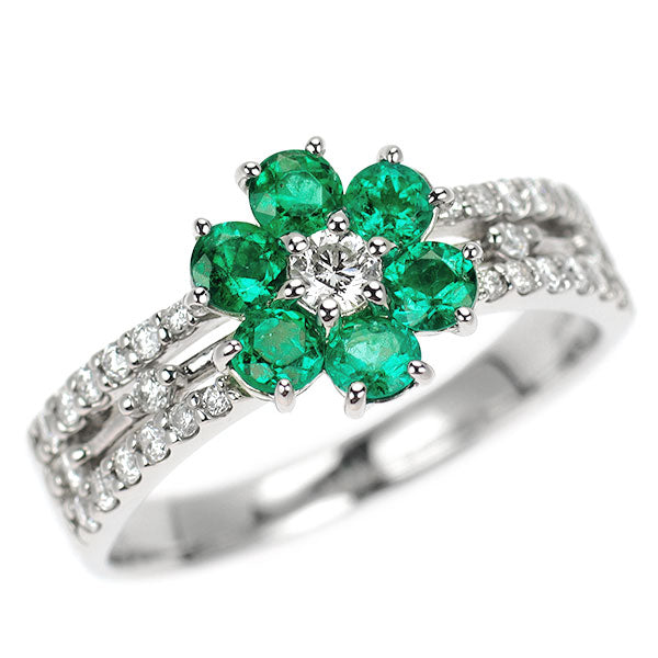 Pt900 エメラルド ダイヤモンド リング 0.52ct D0.30ct フラワー