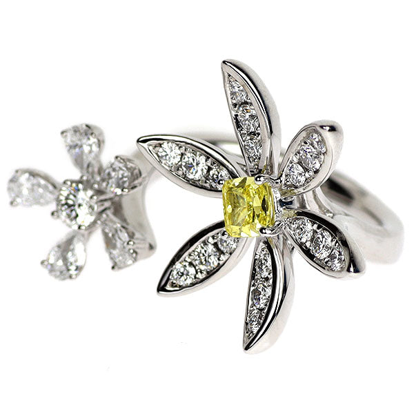 D&D144 K18WG 天然イエロー/ カラーレス ダイヤモンド リング 0.362ct FIY SI2 0.125ct H VVS1 D0.75ct フラワー