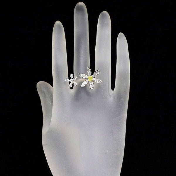 D&D144 K18WG 天然イエロー/ カラーレス ダイヤモンド リング 0.362ct FIY SI2 0.125ct H VVS1 D0.75ct フラワー