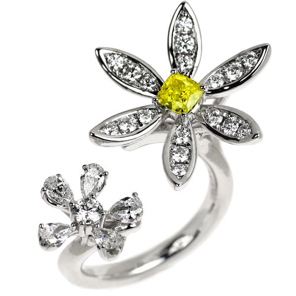 D&D144 K18WG 天然イエロー/ カラーレス ダイヤモンド リング 0.362ct FIY SI2 0.125ct H VVS1 D0.75ct フラワー