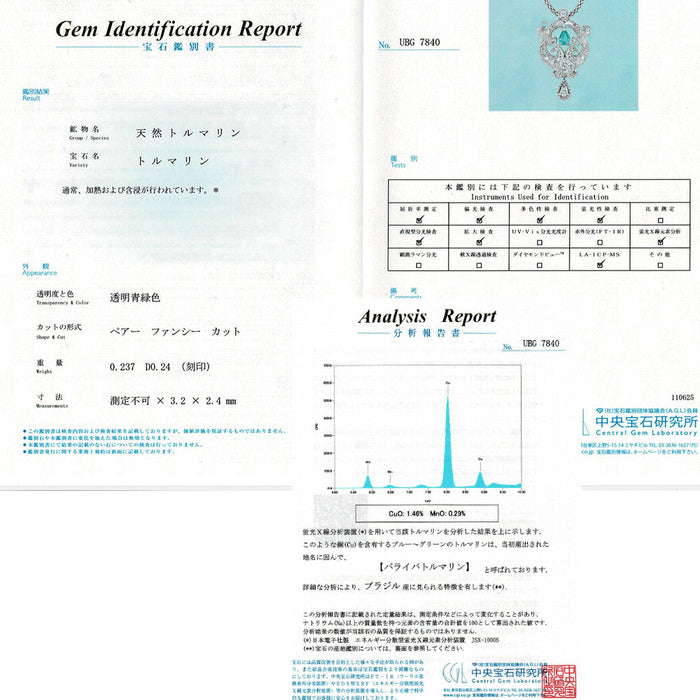 K18WG ブラジル産パライバトルマリン 天然ピンク/無色ダイヤモンド ペンダントトップ 0.237ct D0.24ct アンティークレース