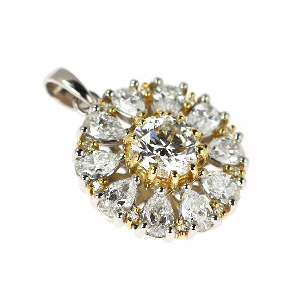 Pt900/ K18YG ダイヤモンド ペアシェイプ/メレダイヤモンド ペンダントトップ 1.044ct H SI2 EX D1.46ct フラワー