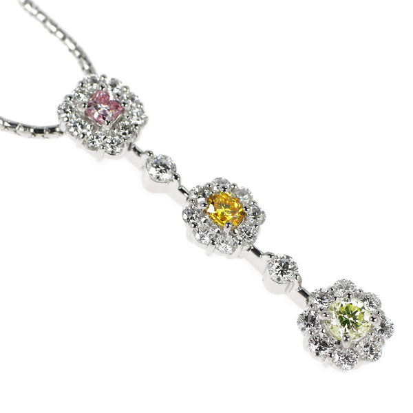 銀座ミワ K18WG/Pt900 天然マルチカラーダイヤモンド ペンダントネックレス 0.633ct FPP/FVY/FLYG SI1 D0.97ct フラワー
