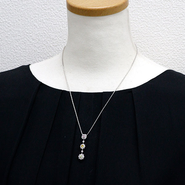 銀座ミワ K18WG/Pt900 天然マルチカラーダイヤモンド ペンダントネックレス 0.633ct FPP/FVY/FLYG SI1 D0.97ct フラワー